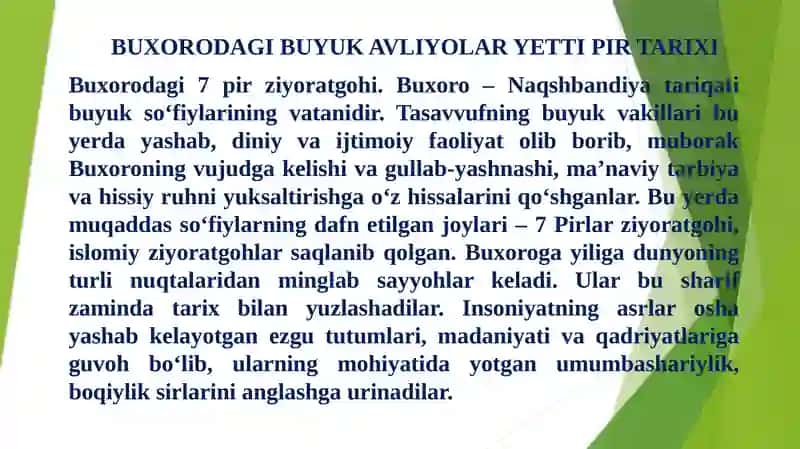 BUXORODAGI BUYUK AVLIYOLAR YETTI PIR TARIXI 2