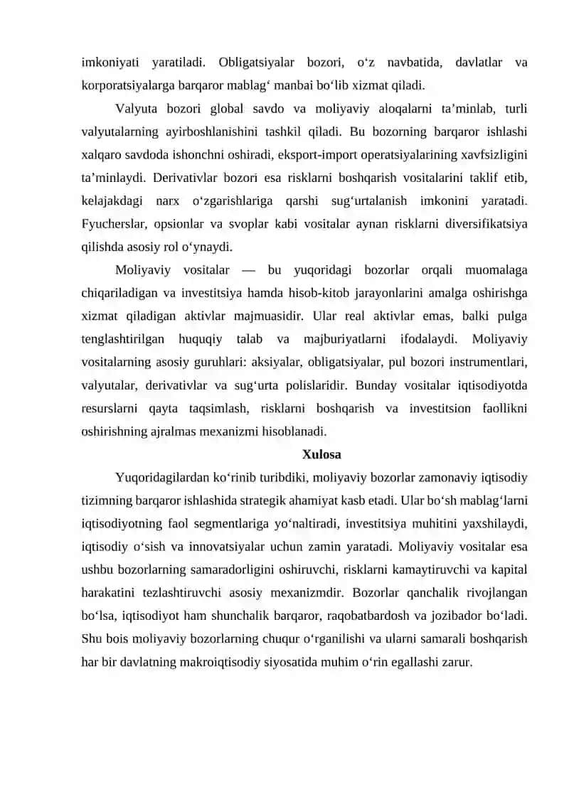 Moliyaviy bozorlar va ularning turlari hamda moliyaviy vositalar 2
