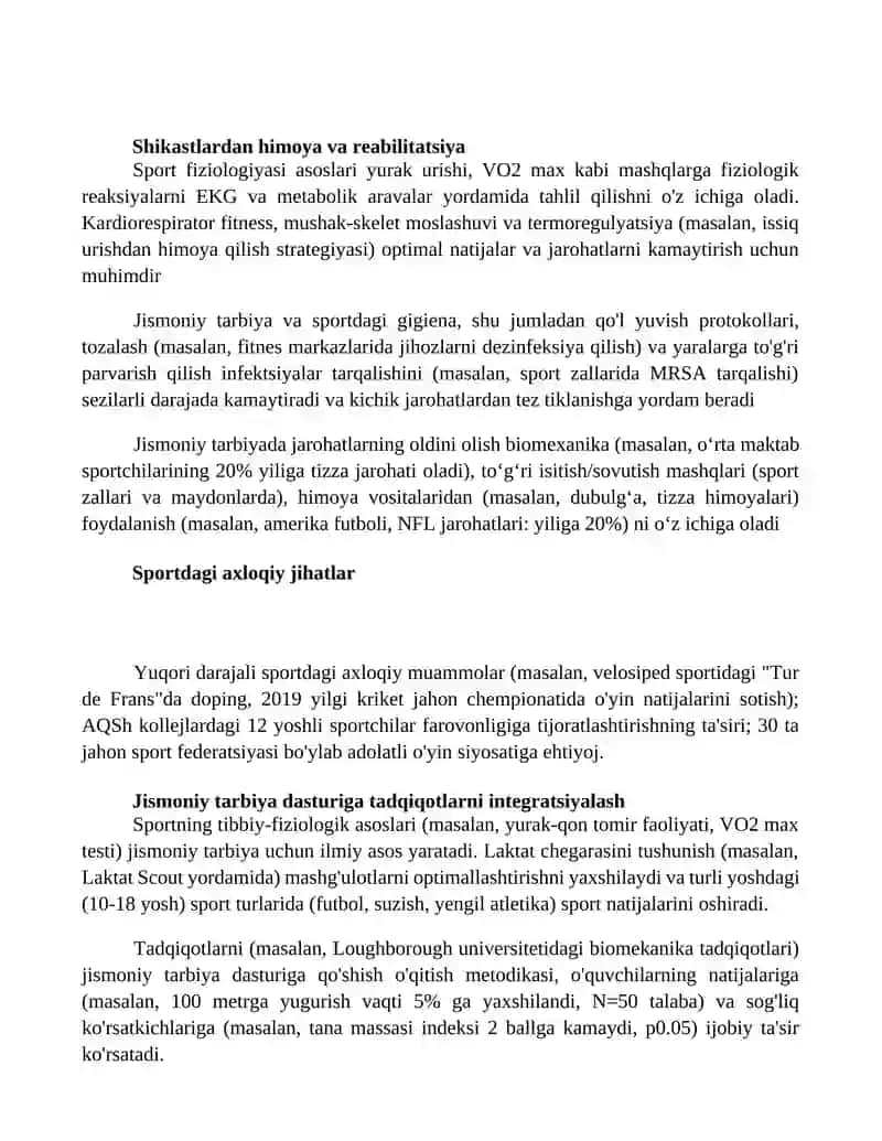 Jismoniy tarbiya gigiyenasi va sportning tibbiy-fiziologik asoslari o‘quv fan sifatida tutgan o‘rni 2