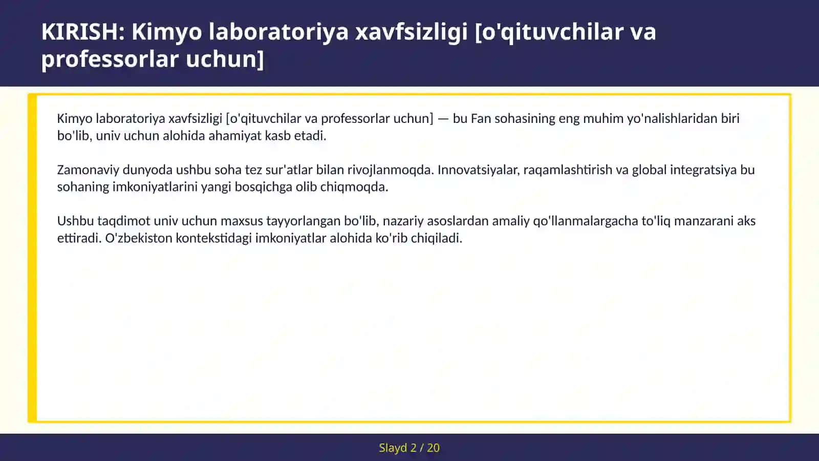 Kimyo laboratoriya xavfsizligi [o'qituvchilar va professorlar uchun] 2