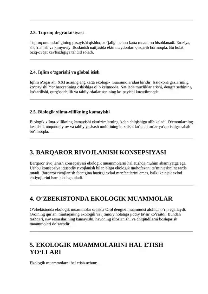 Ekologik muammolar mavzusida referat 2