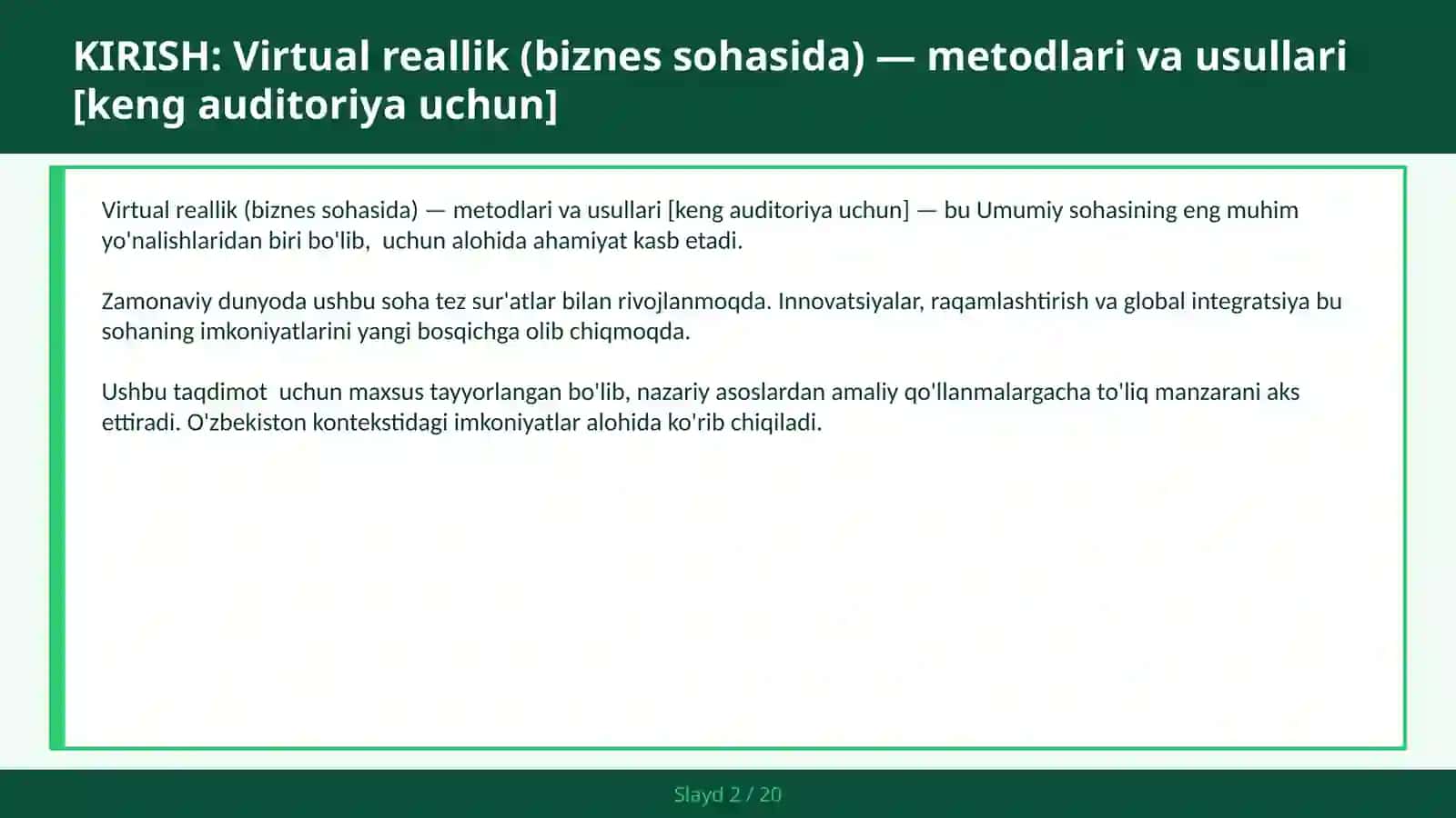 Virtual reallik (biznes sohasida) — metodlari va usullari [keng auditoriya uchun] 2