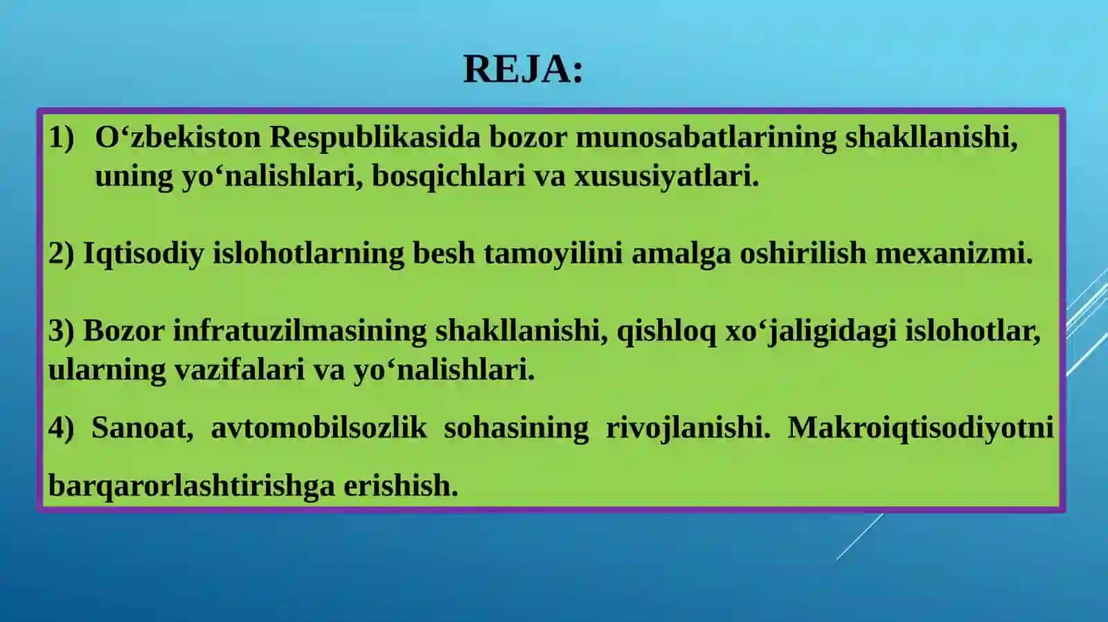 IQTISODIY ISLOHOTLAR, XUSUSIY MULKCHILIKNING SHAKLLANISHI. O‘ZBEKISTONDA BOZOR MUNOSABATLARINING RIVOJLANISHI 2