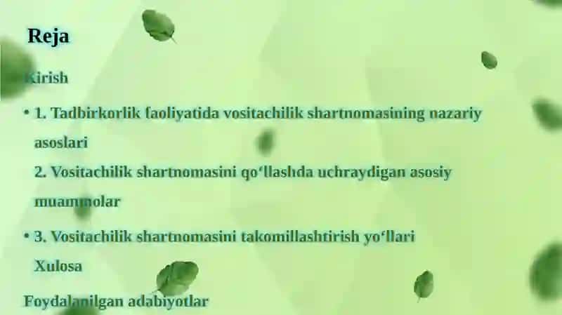 Tadbirkorlik faoliyati va malga oshirish davositachilik shartnomasini qo‘llash muammolari 2