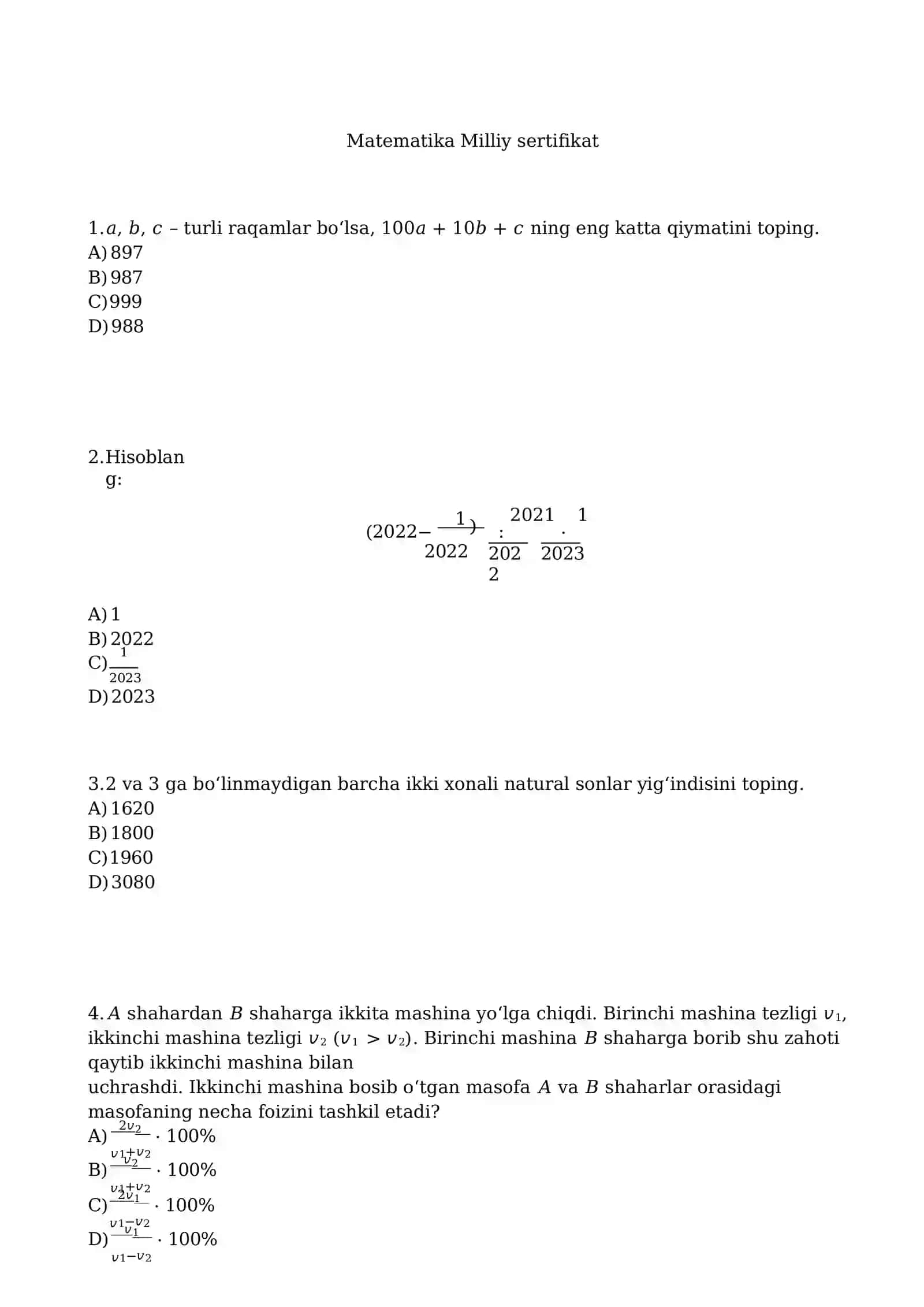Matematika: Milliy sertifikat va Attestatsiya YANGI NASHR – Oltin Baza Test (1000 ta savol) 2