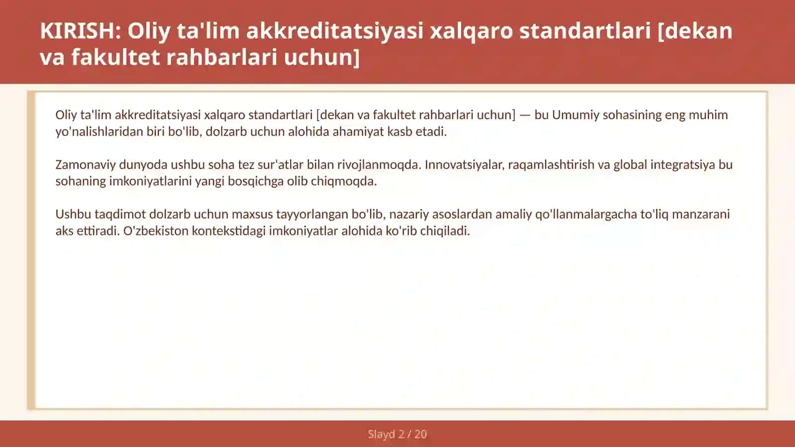 Oliy ta'lim akkreditatsiyasi xalqaro standartlari [dekan va fakultet rahbarlari uchun] 2