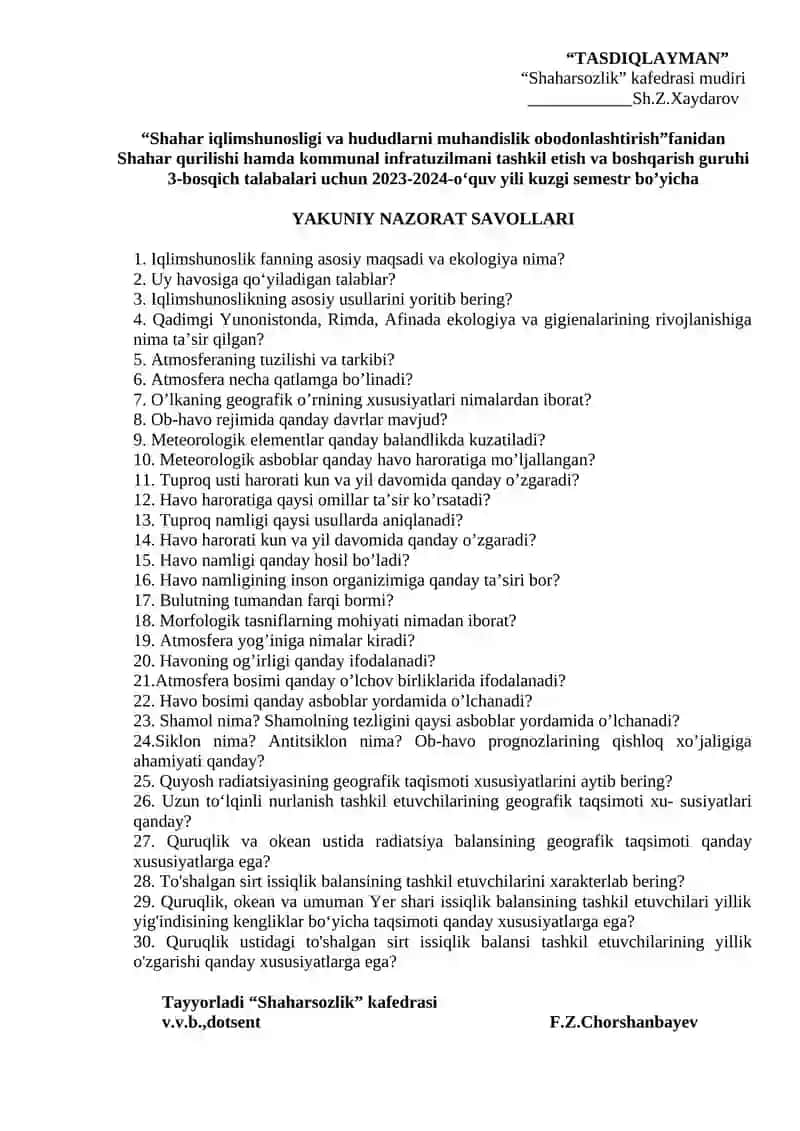 Ekologiya fanidan Shahar qurilishi hamda kommunal infratuzilmani tashkil etish va boshqarish guruhi 2-bosqich talabalari uchun 2023-2024-o‘quv yili kuzgi semestr bo’yicha 2