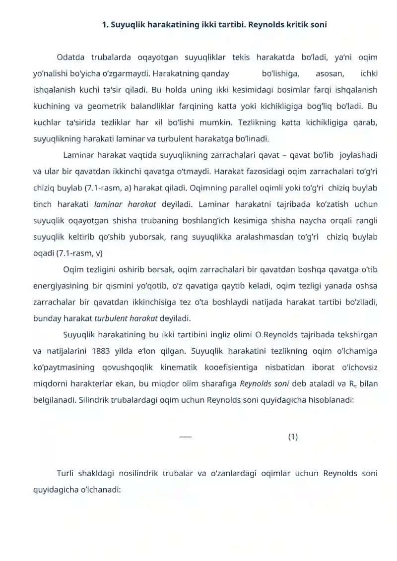 Suyuqlik harakatining tartiblari va gidrodinamik o’xshashlik asoslari 2