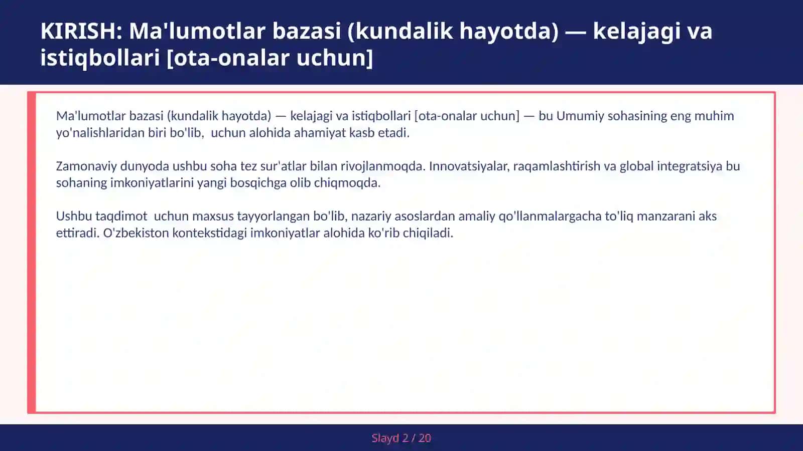 MA'LUMOTLAR BAZASI (KUNDALIK HAYOTDA) — KELAJAGI VA ISTIQBOLLARI [OTA-ONALAR UCHUN] 2