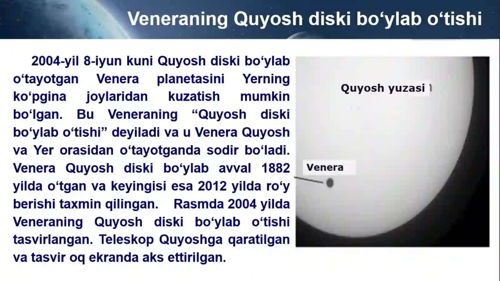 Veneraning quyosh diskibo’ylab o’tishi 2