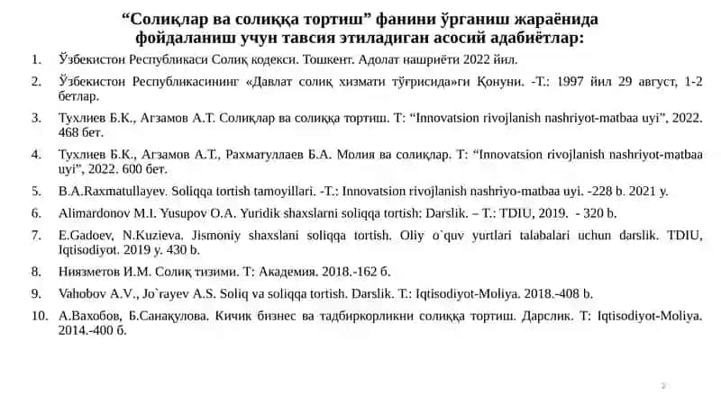 "Солиқлар ва солиққа тортиш"фанидан маъруза машғулоти 2