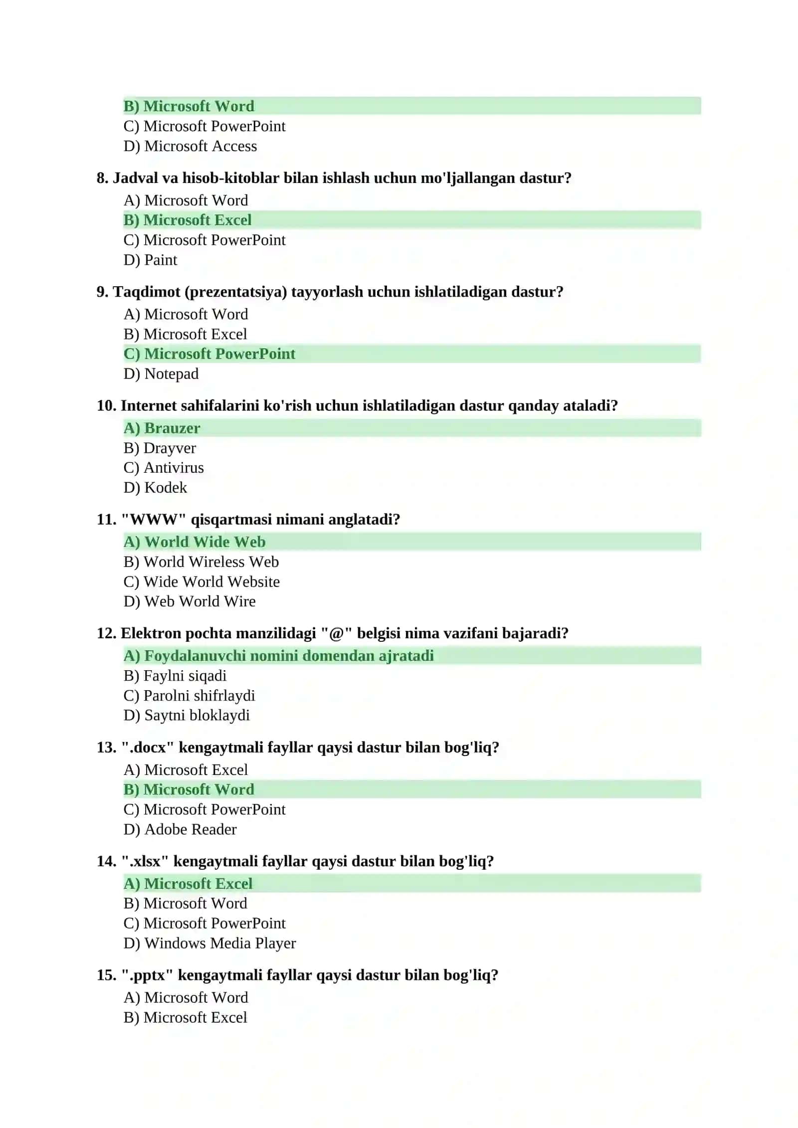 ARGOS test to'plami — Kompyuter savodxonligi (50 savol, javoblar bilan) 2