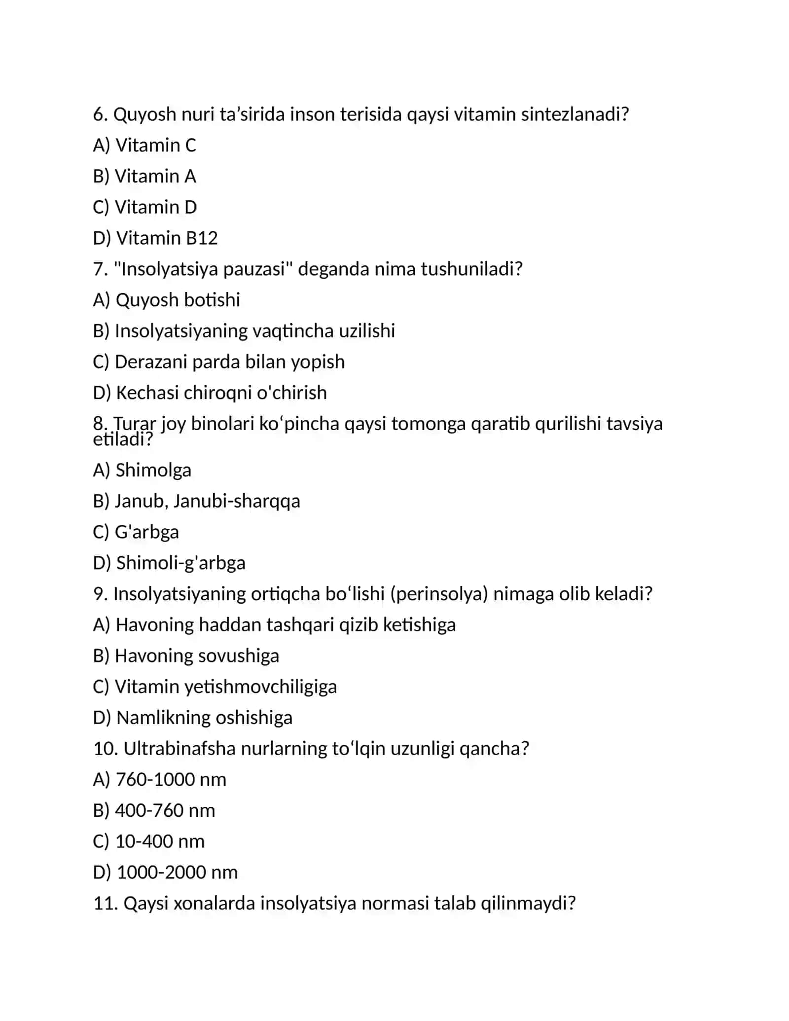 Gigiyena: Insolyatsiya mavzusidan test 2