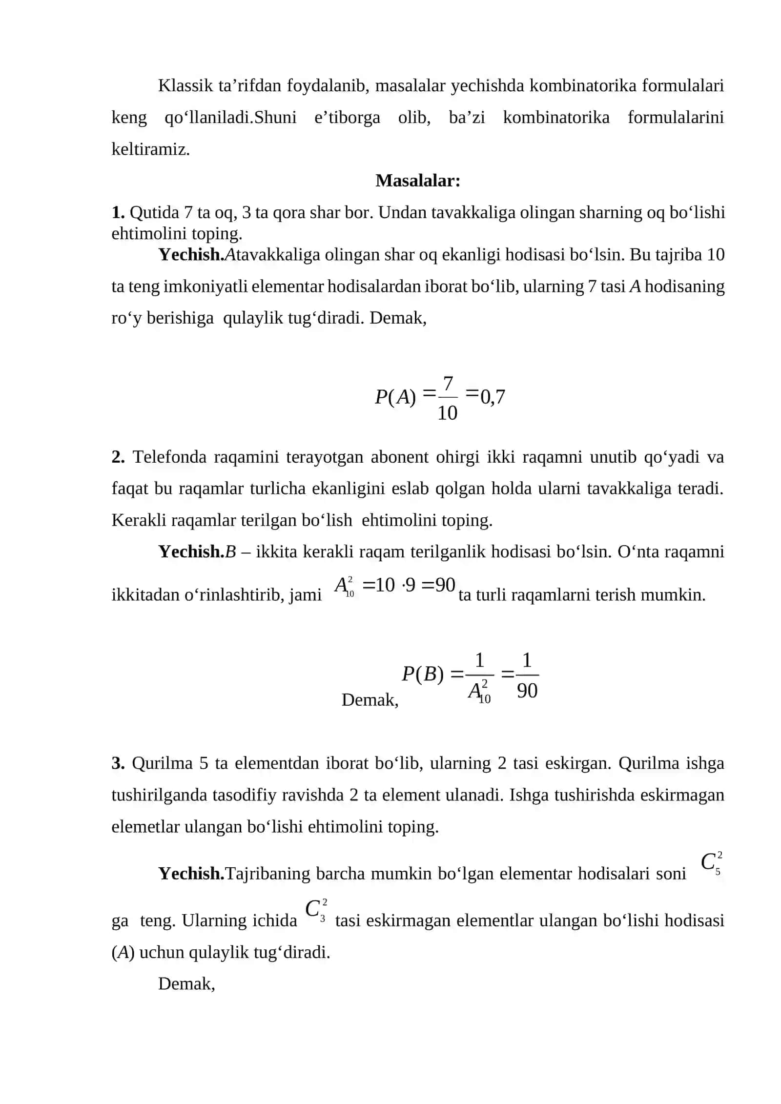Tasodifiy hodisalar va ularning ehtimolliklari (ehtimollikning klassik, geometrik va statistik ta’riflari). Murakkab hodisa ehtimolliklari (shartli ehtimollik, to‘la ehtimollik va Bayes formulalari) Laboratoriya ishi #Ehtimollik_va_statistika 2
