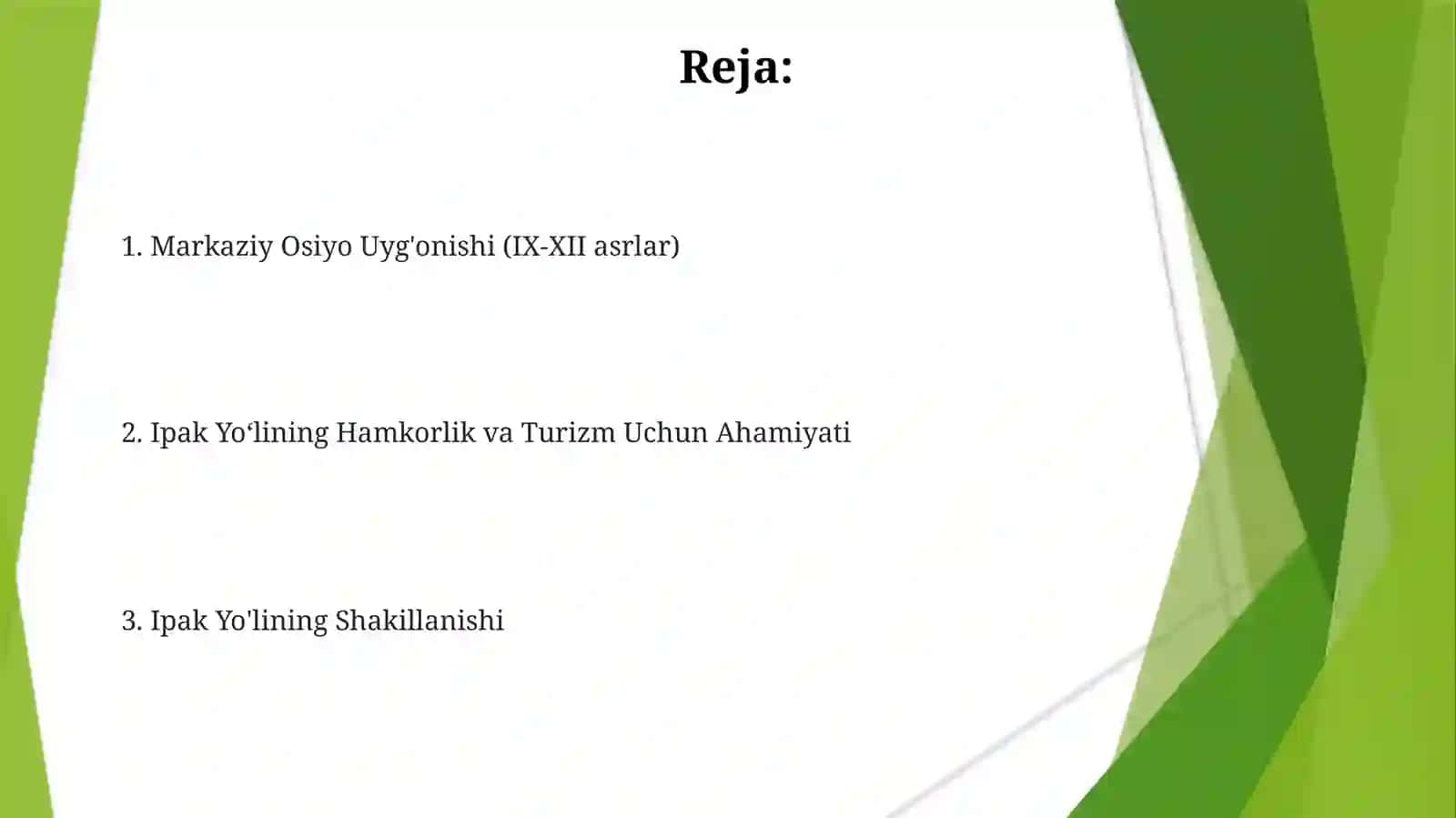 Buyukipakyoʻliningshakillanishtarixi.Buyukipakyoʻliningdavlatlararohamkorlikvaturizmnirivojlantirishdagiahamiyati. IX-XIIasrlardamarkaziyosiyoxalqlarininguygʻonishdavri:ijtimoiy-iqtisodiyvamadaniytaraqqiyoti 2