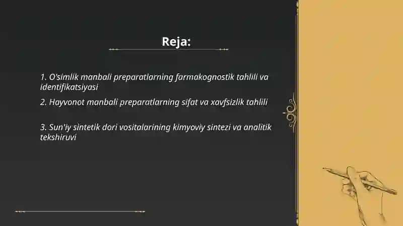 Tibbiyot va veterinariya tibbiyotiga oid ósimlik, hayvonot va sun’iy sintetik yol bilan olinadigan farmatsevtik preparatlarning tahlili, ishlatilishi,qadoqlanishi,farmakologik ta'siri 2