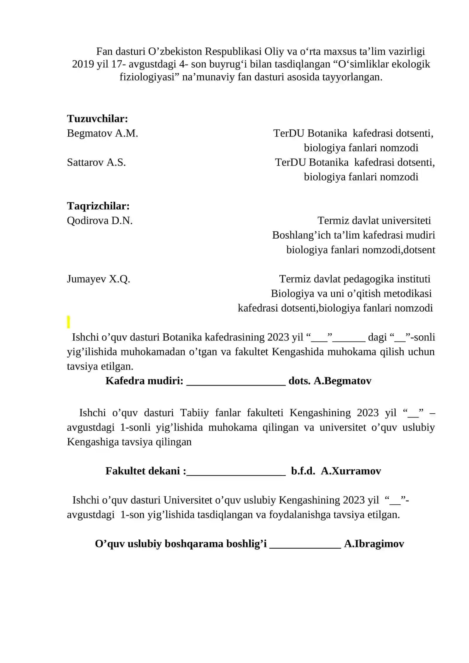O’SIMLIKLAR EKOLOGIK FIZIOLOGIYASI FANIdan 2