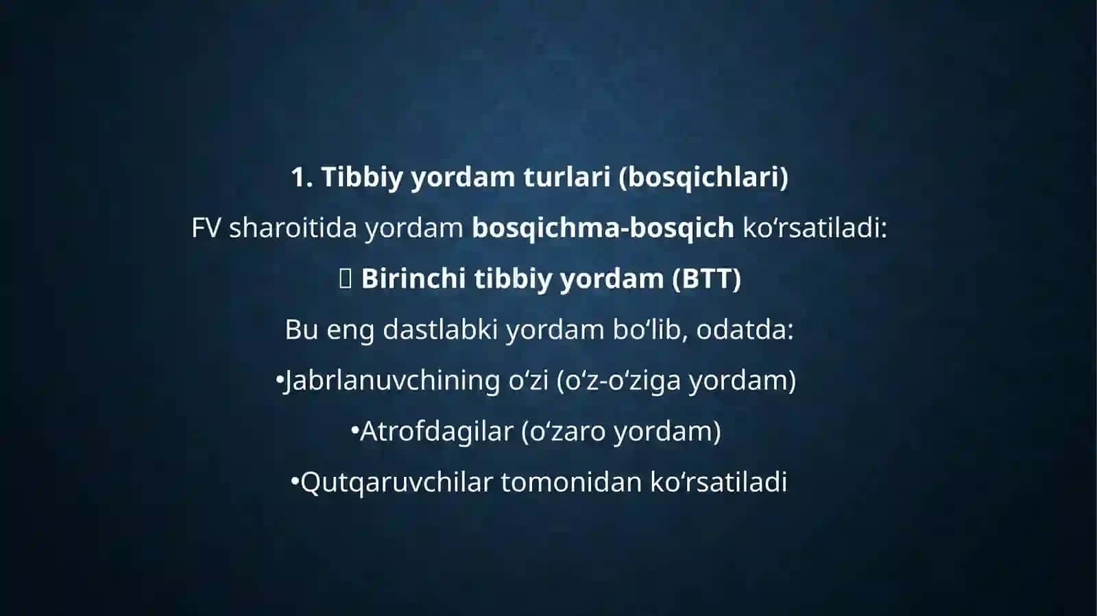Favqulodda vaziyatlarda jabrlanish o'choqlarida tibbiy yordam ko'rsatishni tashkil etish 2