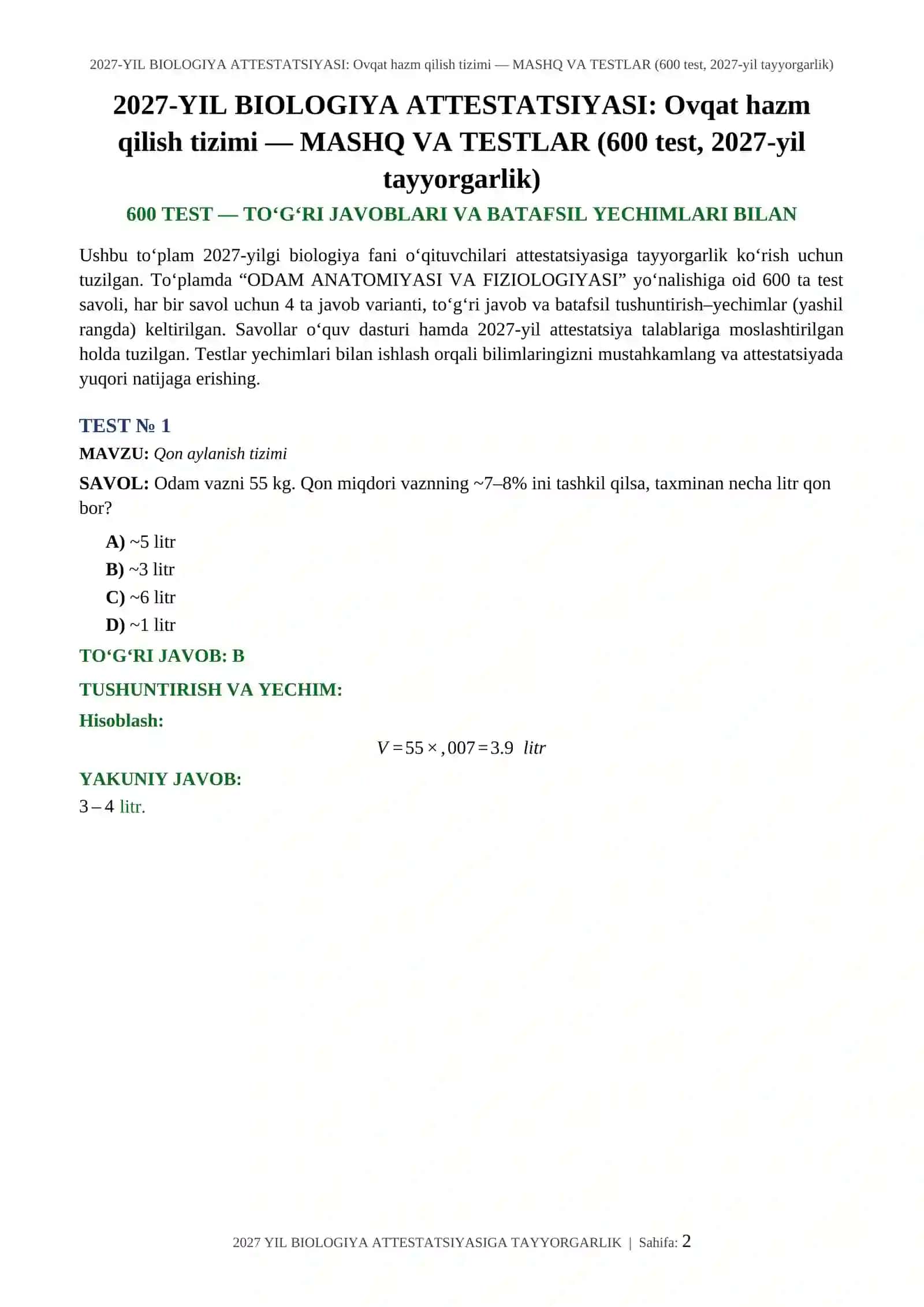 2027-YIL BIOLOGIYA ATTESTATSIYASI: Ovqat hazm qilish tizimi — MASHQ VA TESTLAR (600 test, 2027-yil tayyorgarlik) 2