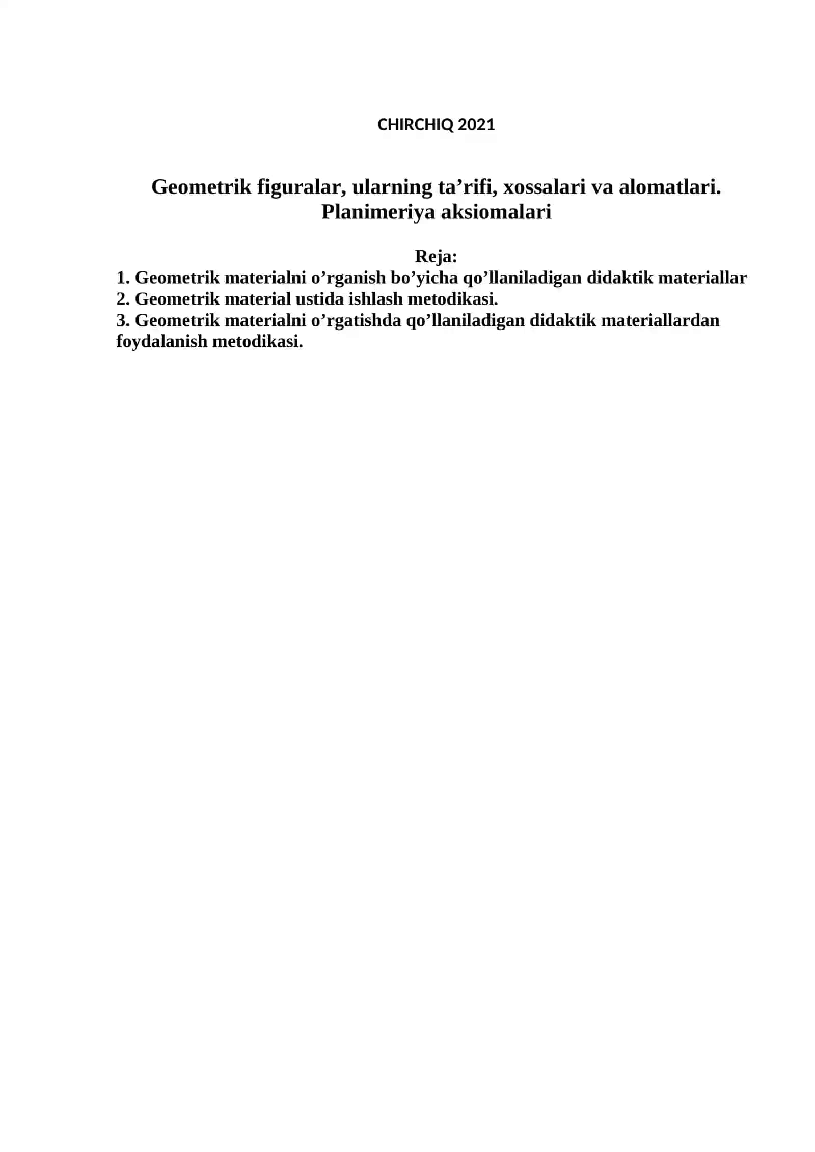 Geometrik figuralar, ularning ta’rifi, xossalari va alomatlari. Planimeriya aksiomalari 2