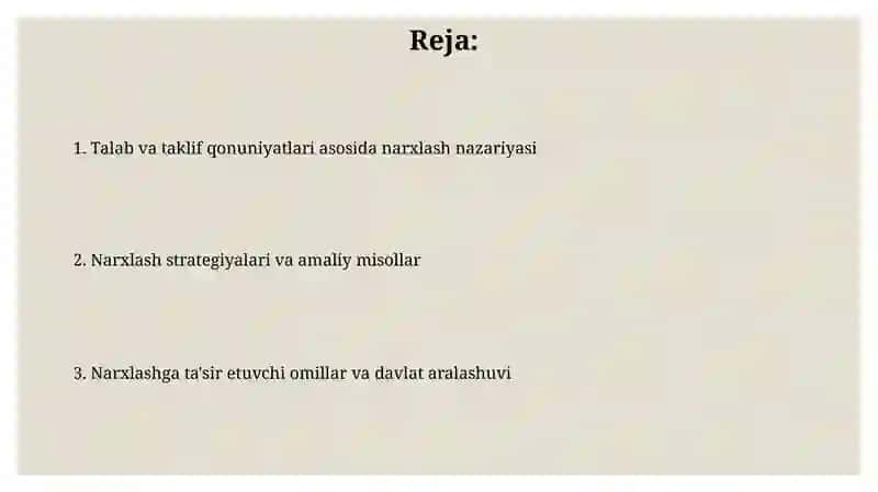 Talab va taklif qonuniga koʻra narx belgilash usullari 2