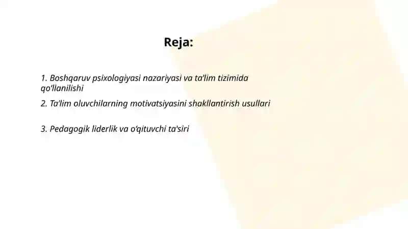 Boshqaruv psixologiyasi.Ta’lim oluvchilarga psixologik tasir kórsatish yóllari 2