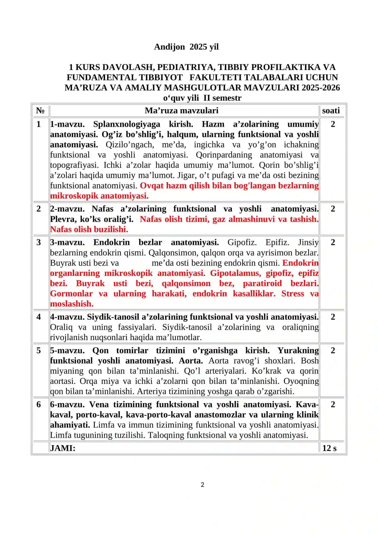 1 KURS DAVOLASH, PEDIATRIYA, TIBBIY PROFILAKTIKA VA FUNDAMENTAL TIBBIYOT FAKULTETI TALABALARI UCHUN MA’RUZA VA AMALIY MASHGULOTLAR MAVZULARI 2