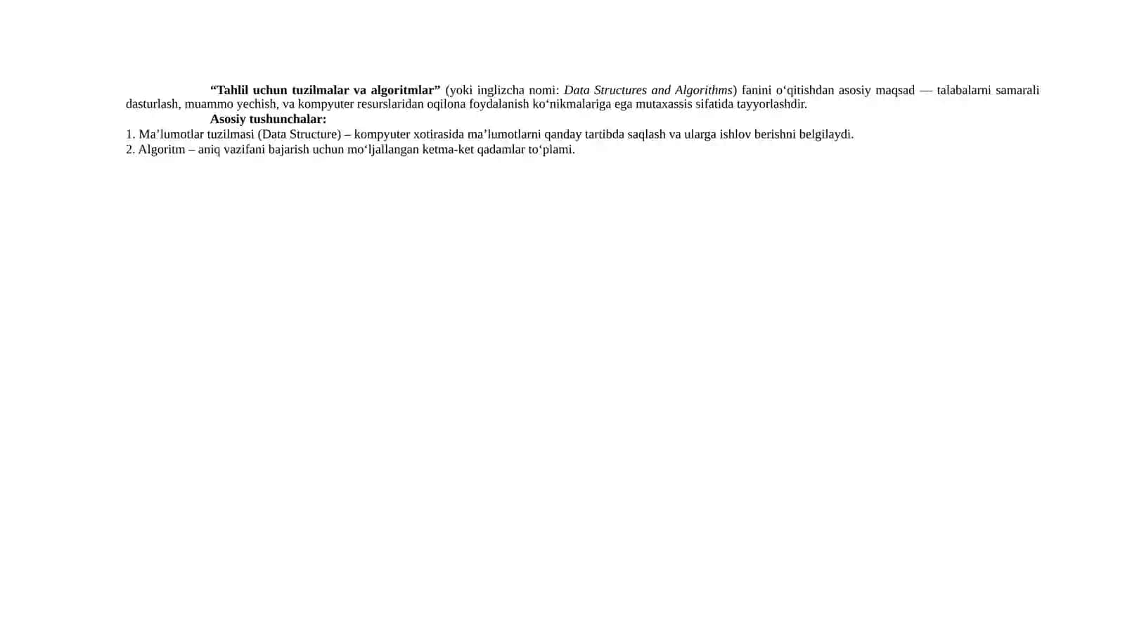 Tahlil uchun tuzilmalar va algoritmlar 2