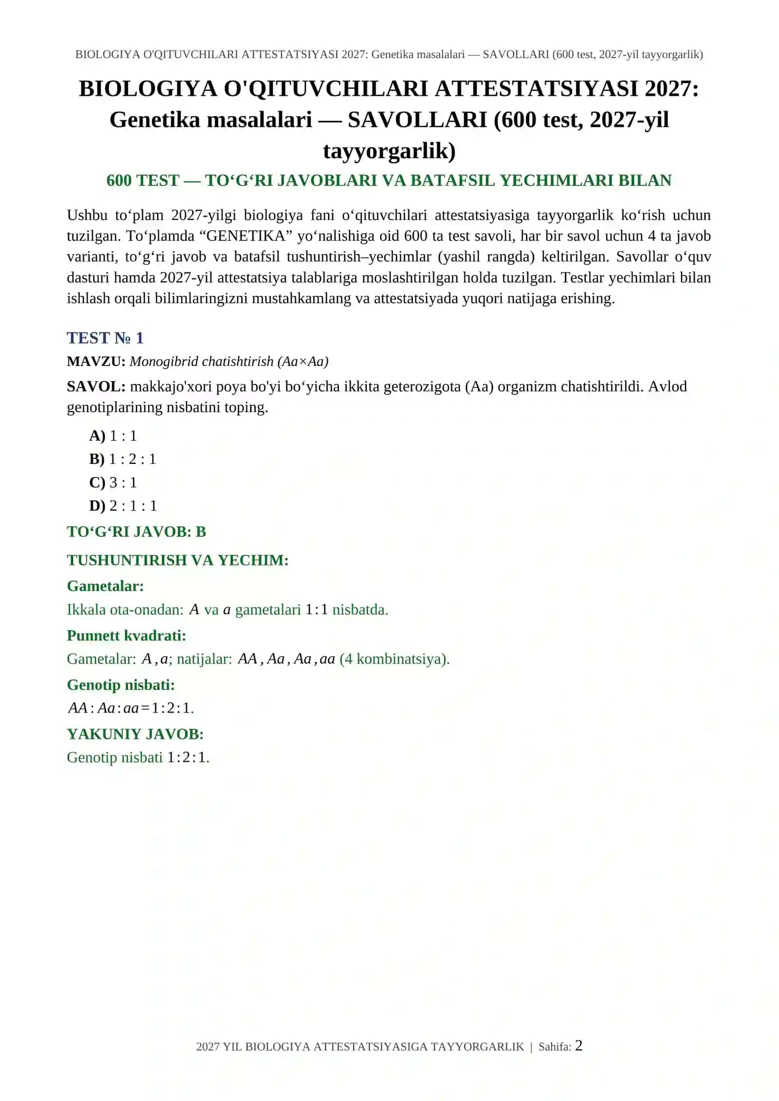 BIOLOGIYA O'QITUVCHILARI ATTESTATSIYASI 2027: Genetika masalalari — SAVOLLARI (600 test, 2027-yil tayyorgarlik) 2