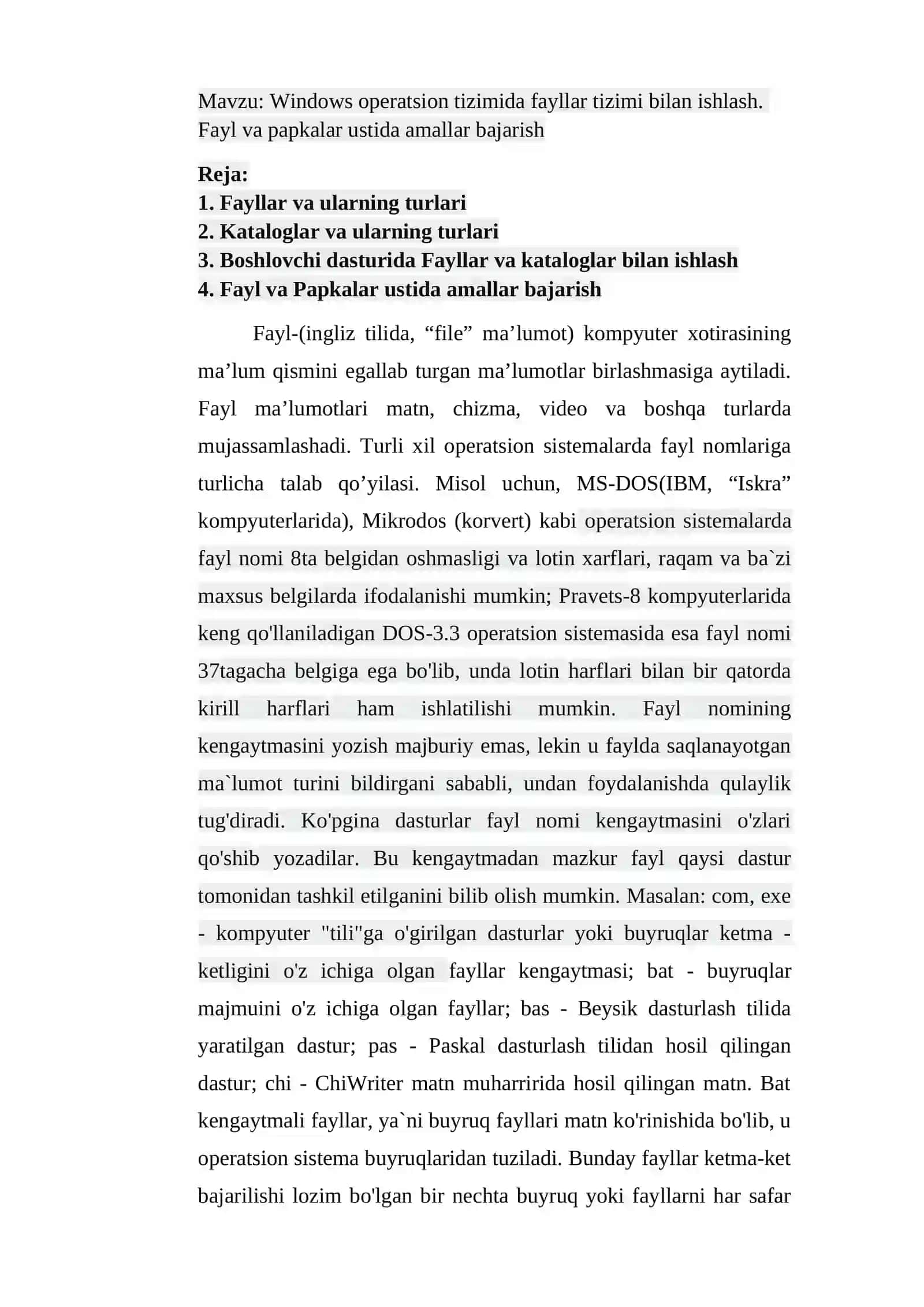 Windows operatsion tizimida fayllar tizimi bilan ishlash. Fayl va papkalar ustida amallar bajarish 2