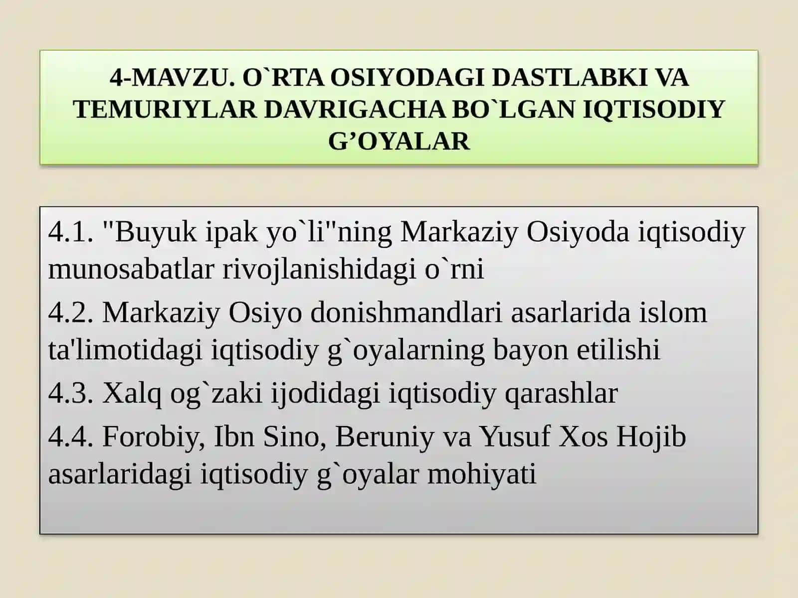 O`RTA OSIYODAGI DASTLABKI VA TEMURIYLAR DAVRIGACHA BO`LGAN IQTISODIY G’OYALAR 2