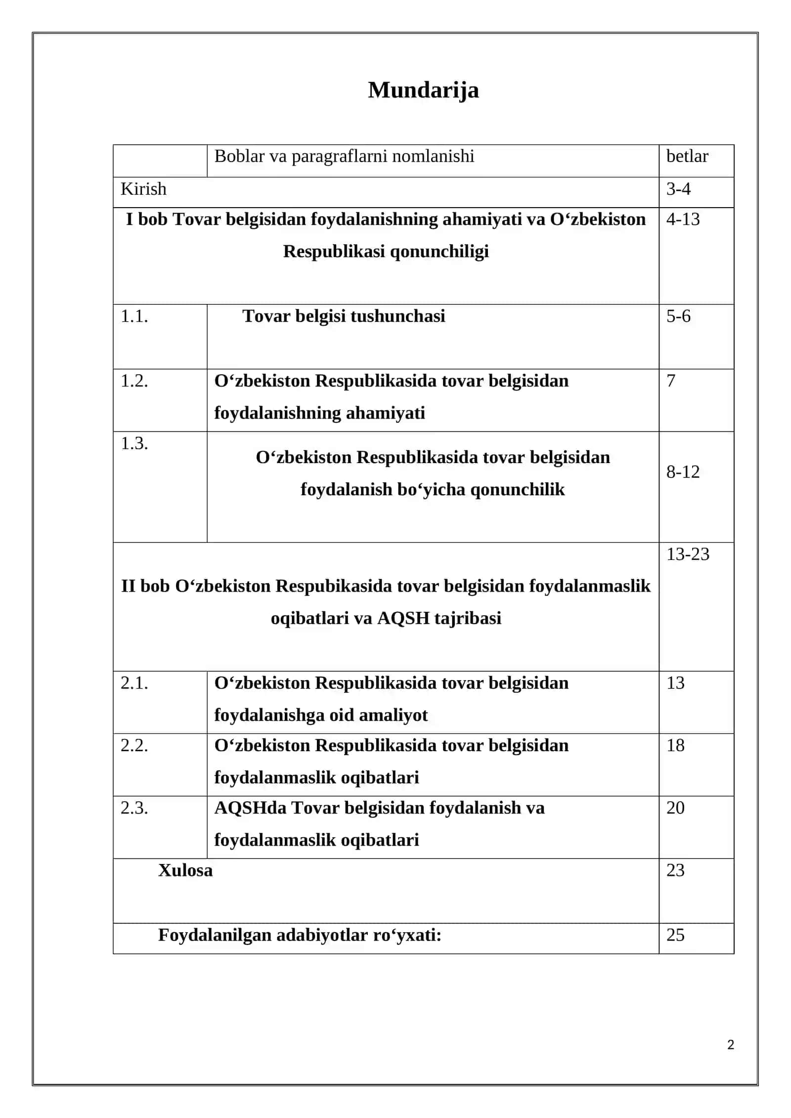 “TOVAR BELGISIDAN FOYDALANISHNING AHAMIYATI VA O‘ZBEKISTON RESPUBLIKASI QONUNCHILIGI” MAVZUSIDAGI KURS ISHI 2
