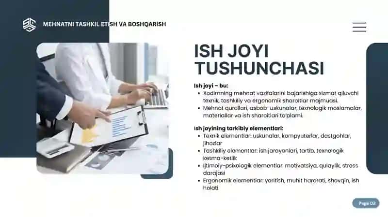 Ish joylarini tashkil etish, ixtitoslashtirish va rejalashtirish 2