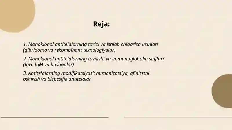 Monoklonal antitelalar va tibbiyot amaliyotlarida qoʻllanilishi. Interferon va sitokinlar tasir mexanizmi 2
