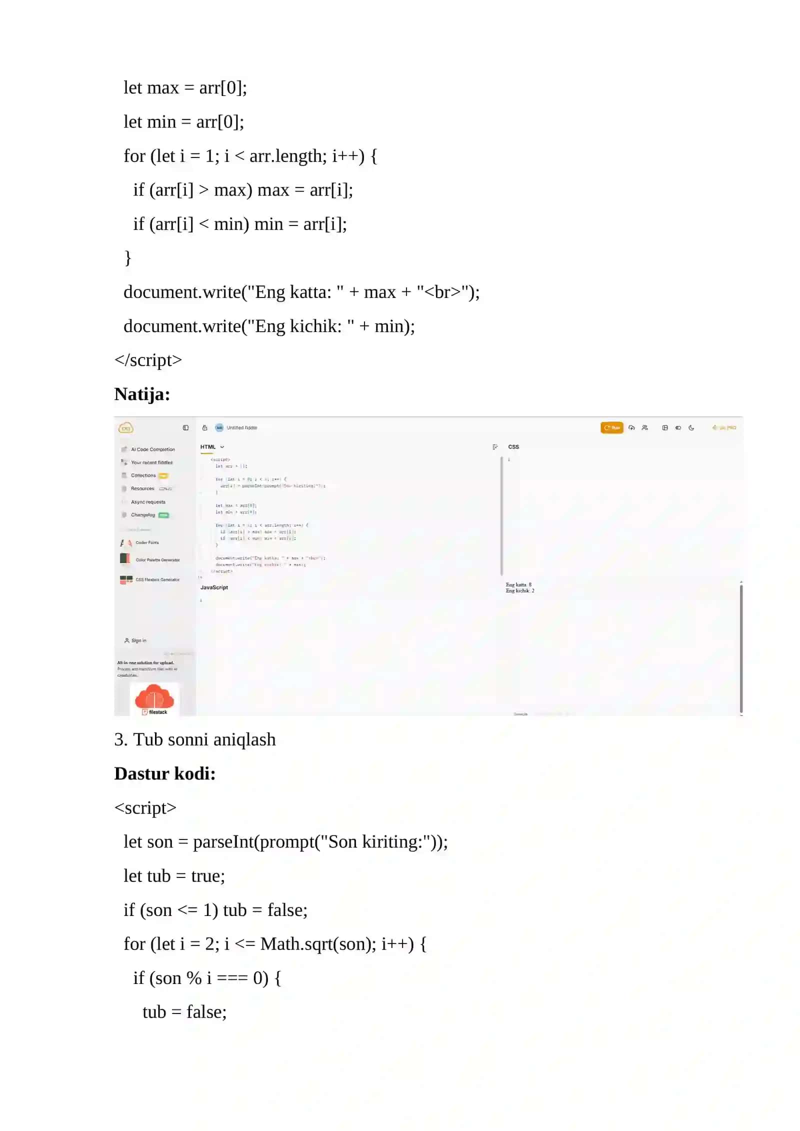 Mantiqiy elementlar masalalari javascript 2