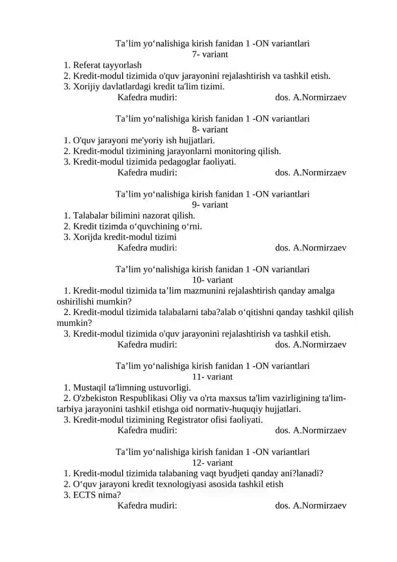 Ta’lim yo‘nalishiga kirish fanidan 1 -ON variantlari 2