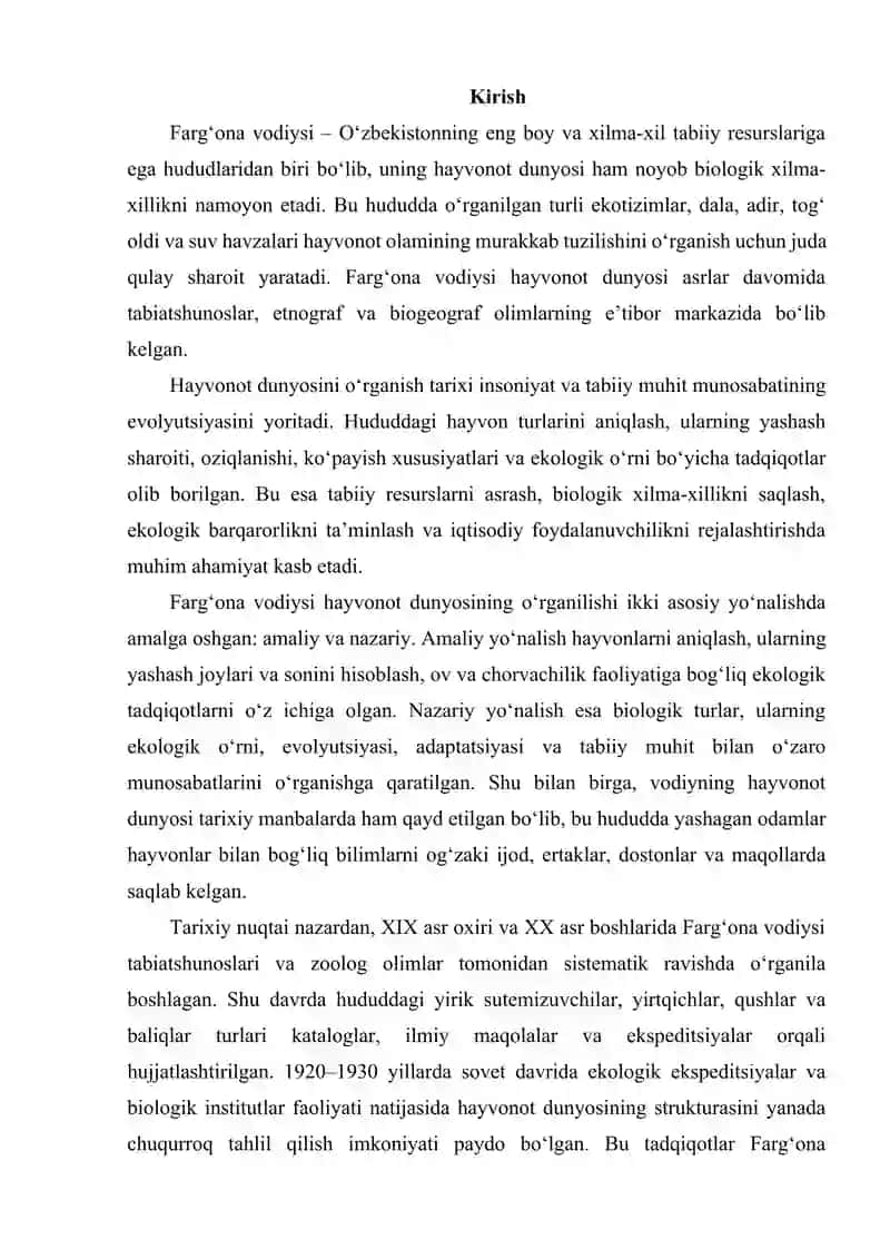 FARG'ONA VODIYSI HAYVONOT DUNYOSINING O'RGANILISH TARIXI 2