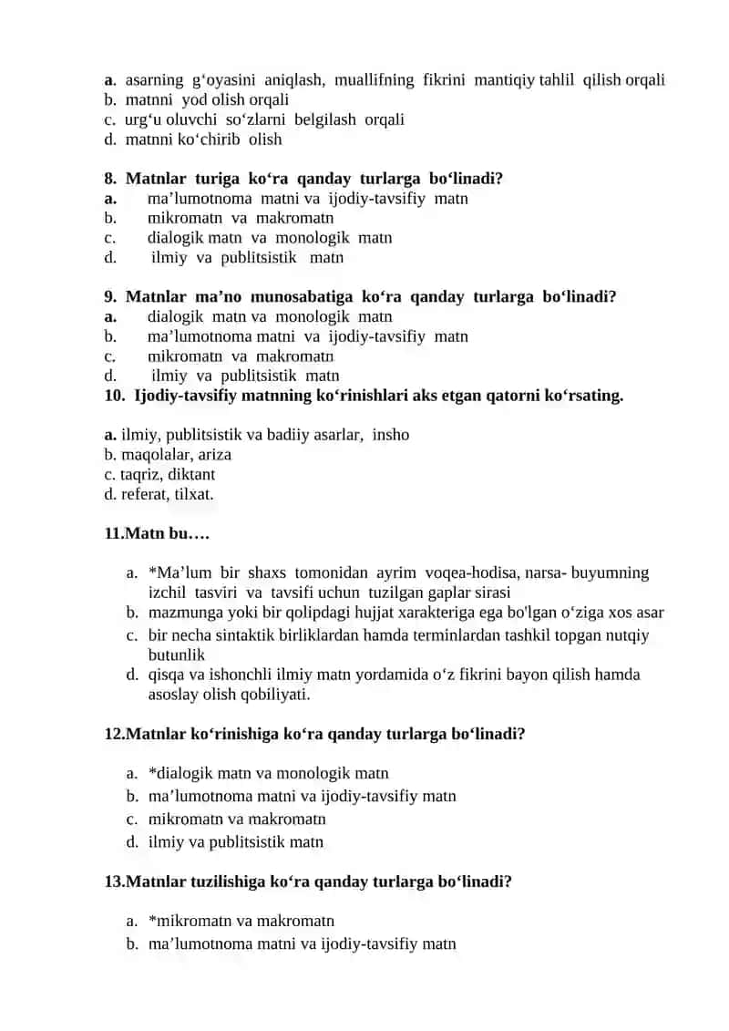 Akademik yozuv fanidan "MATN VA UNING TURLARI. MATN HOSIL QILUVCHI VOSITALARI" mavzusida test savollari (javoblari bilan) 2