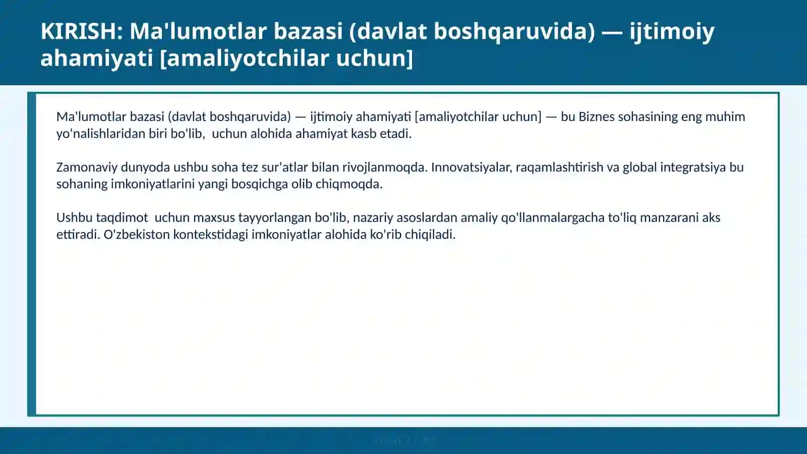 Ma'lumotlar bazasi (davlat boshqaruvida) - ijtimoiy ahamiyati [amaliyotchilar uchun] 2