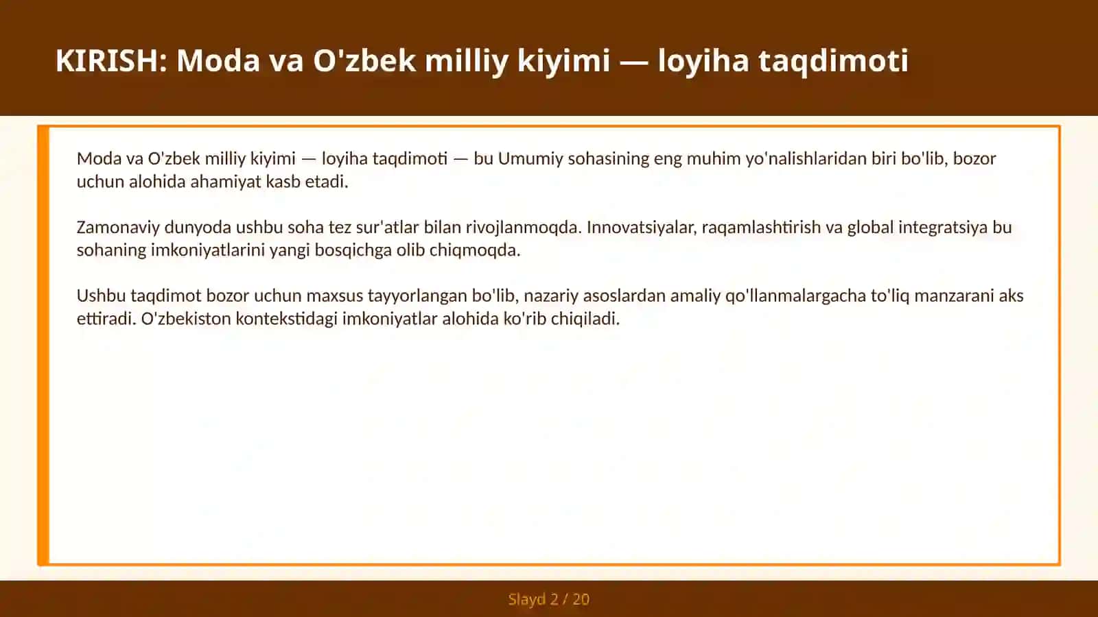 MODA VA O'ZBEK MILLIY KIYIMI — LOYIHA TAQDIMOTI 2