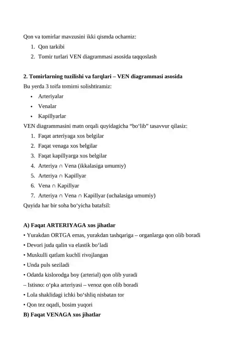 Qon tarkibi.Tomirlarining tuzilishi va farqlari 2