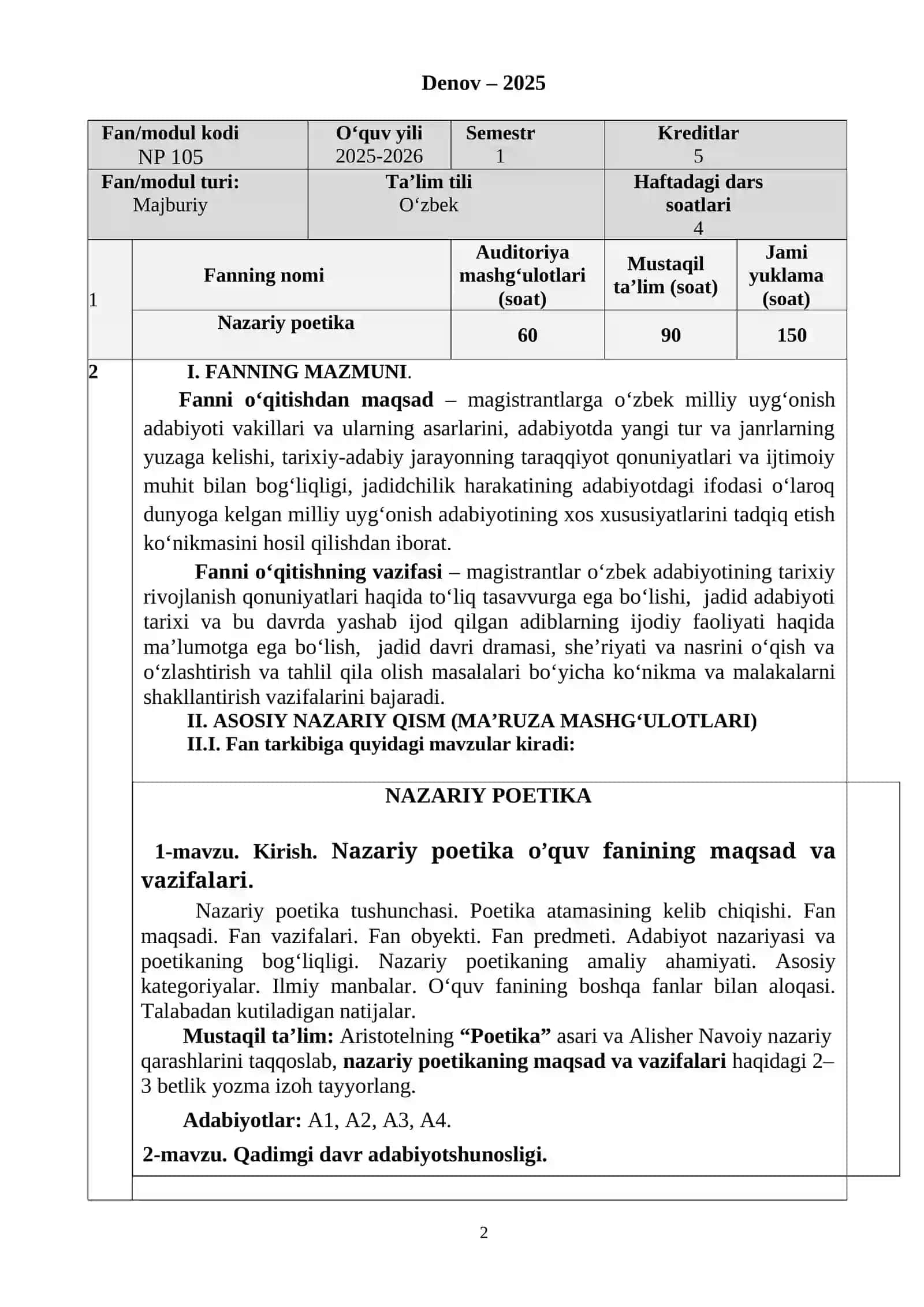 NAZARIY POETIKA FANI O`QUV DASTURI 2