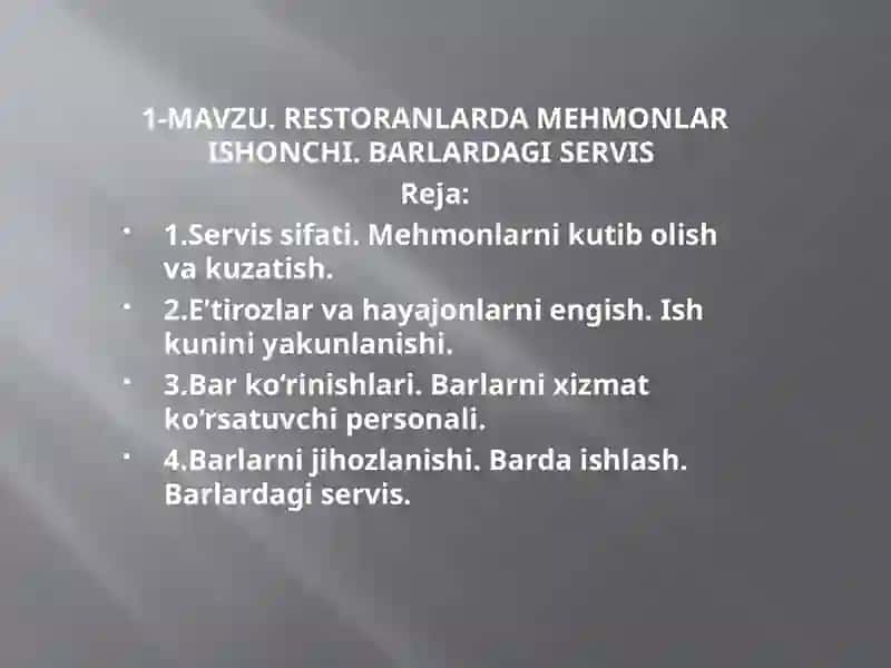 RESTORANLARDA MEHMONLAR ISHONCHI. BARLARDAGI SERVIS 2