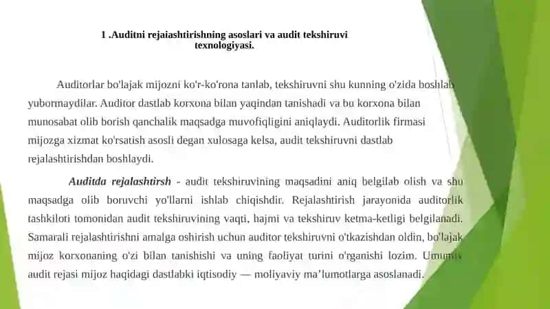 Auditorlik tekshiruvining tashkiliy asoslari, audit strategiyasi va texnologiyasi 2
