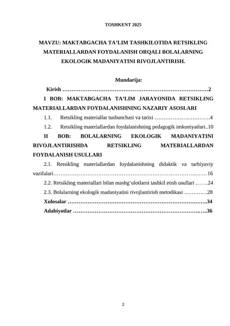 MAKTABGACHA TA’LIM TASHKILOTIDA RETSIKLING MATERIALLARDAN FOYDALANISH ORQALI BOLALARNING EKOLOGIK MADANIYATINI RIVOJLANTIRISH12.docx 2