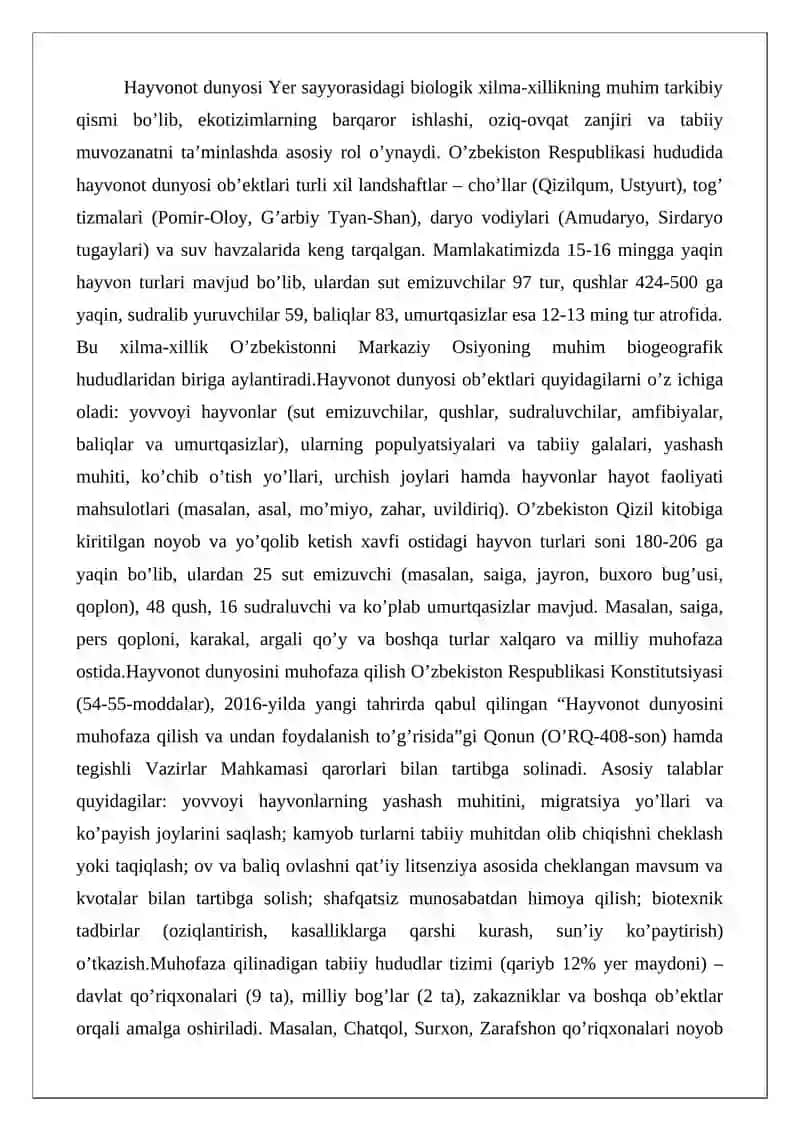 Hayvonot dunyosini oyektlari va ularni muhofaza qilish talablari 2