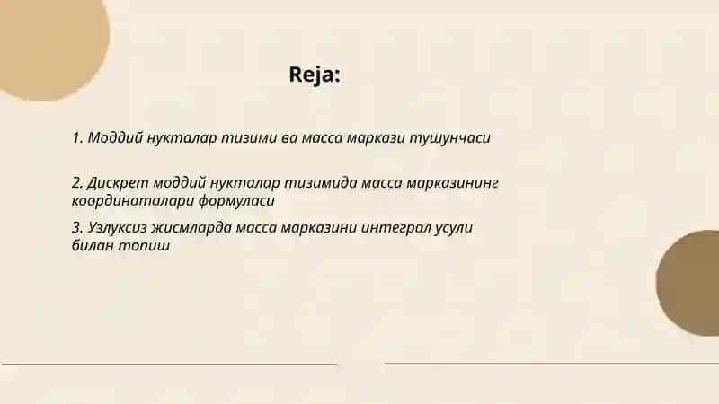 Моддий нукталар системасинг харакати Масса маркази 2