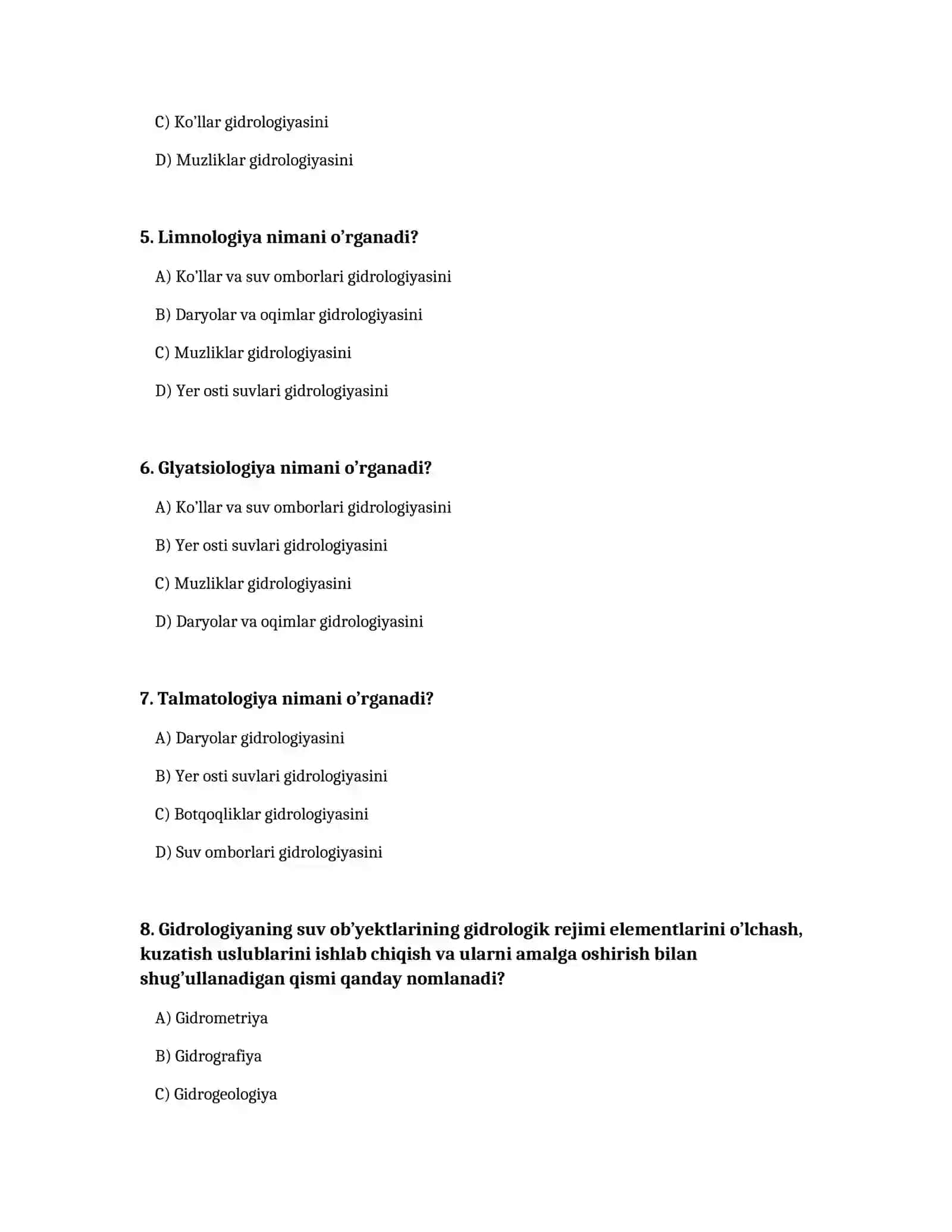 Gidrologiya fanidan test savollari 2