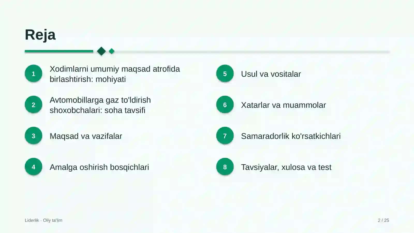 Avtomobillarga gaz to'ldirish shoxobchalarida xodimlarni umumiy maqsad atrofida birlashtirish 2