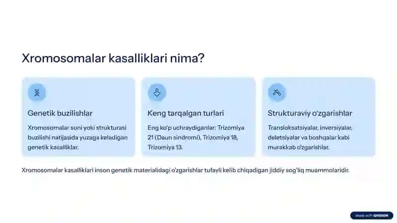 Xromasomalar kasalliklari. Xromasomalar soni va strukturasini o'zgarishlari. Prenatal tashhislash 2